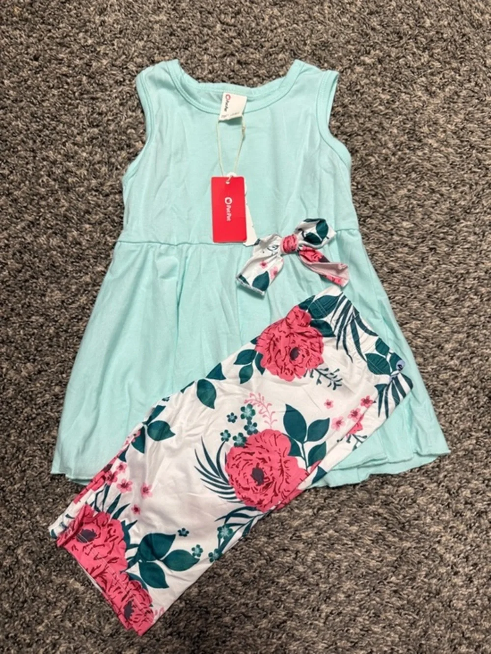 Mint Tank Dress with Pink Floral Leggings and Bow
